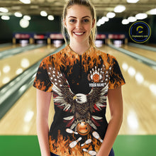 Load image into Gallery viewer, Orange flame Womens bowling shirts Custom American flag Eagle Team bowling shirts, gift for bowlers NQS11189