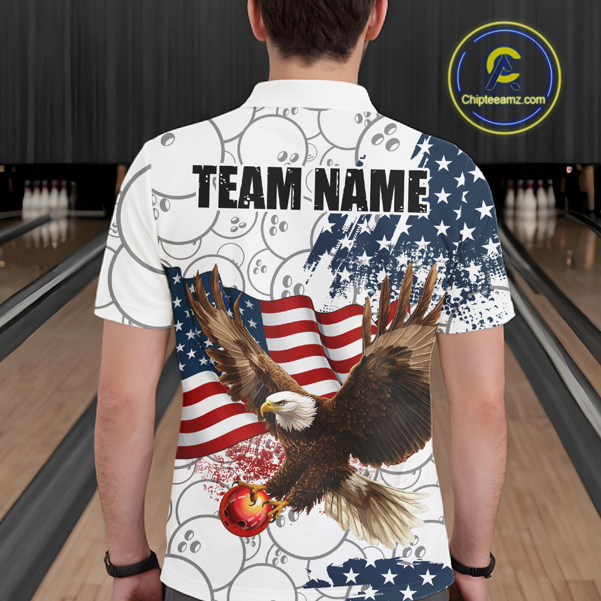 Red, White, Blue American Flag Eagle Men Bowling Shirts Custom Patriotic Camo Bowling Team Jersey NQS11192