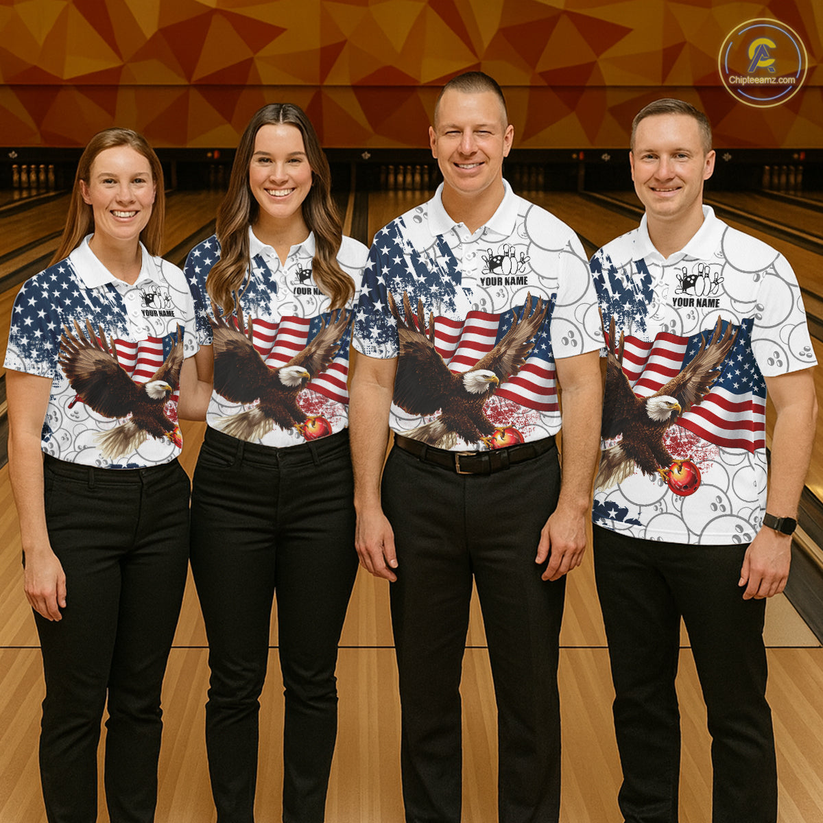 Red, White, Blue American Flag Eagle Men Bowling Shirts Custom Patriotic Camo Bowling Team Jersey NQS11192