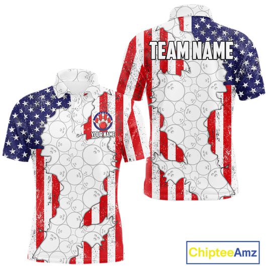 Personalized Red, White and Blue American Flag Bowling Team Shirts For Men, Patriotic Bowling Gifts NQS11197