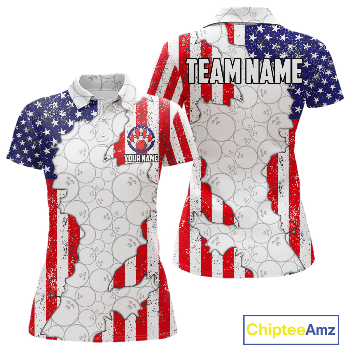 Personalized Red, White and Blue American Flag Bowling Team Shirts For Women, Patriotic Bowling Gifts NQS11197