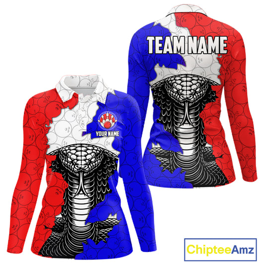 Personalized Red, White and Blue Cobra Snake Bowling Team Shirts For Women, Patriotic Bowling Jerseys NQS11198