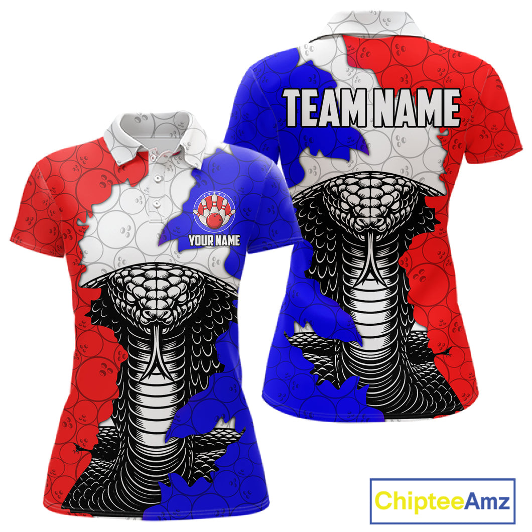 Personalized Red, White and Blue Cobra Snake Bowling Team Shirts For Women, Patriotic Bowling Jerseys NQS11198