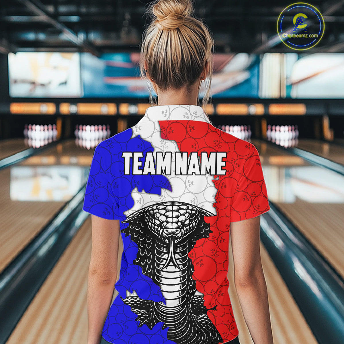 Personalized Red, White and Blue Cobra Snake Bowling Team Shirts For Women, Patriotic Bowling Jerseys NQS11198