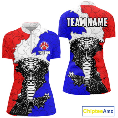 Personalized Red, White and Blue Cobra Snake Bowling Team Shirts For Women, Patriotic Bowling Jerseys NQS11198