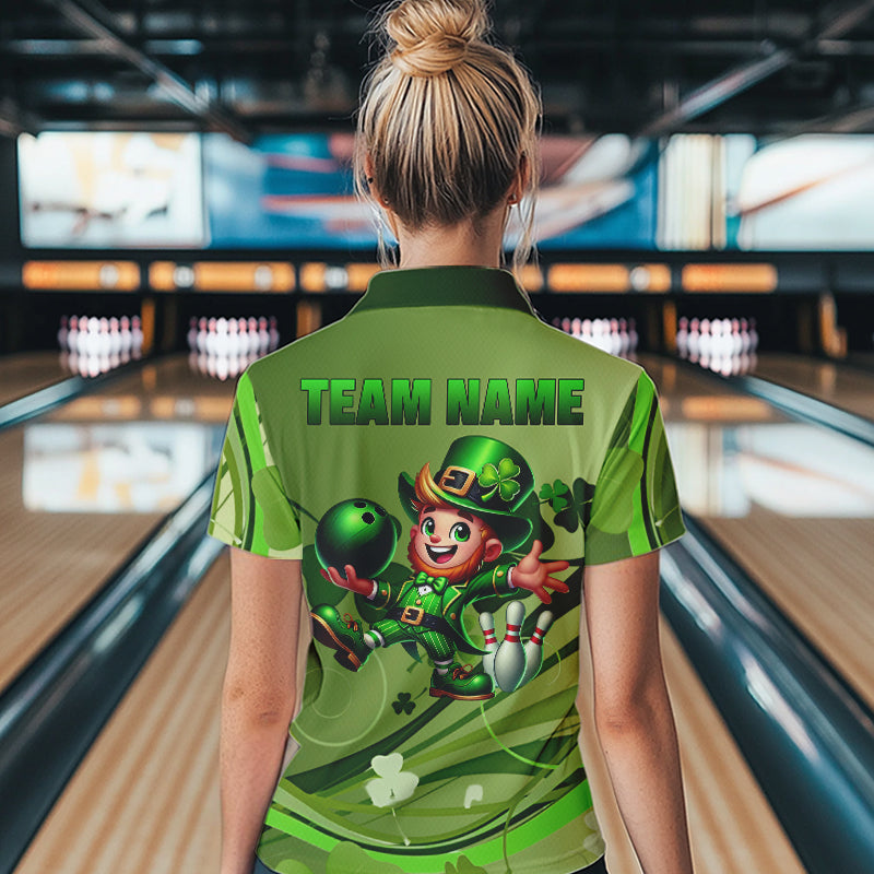 Green shamrock Lucky Women Bowling Polo, Quarter Zip Shirts Custom St Patrick Day Team bowling Shirts NQS9328