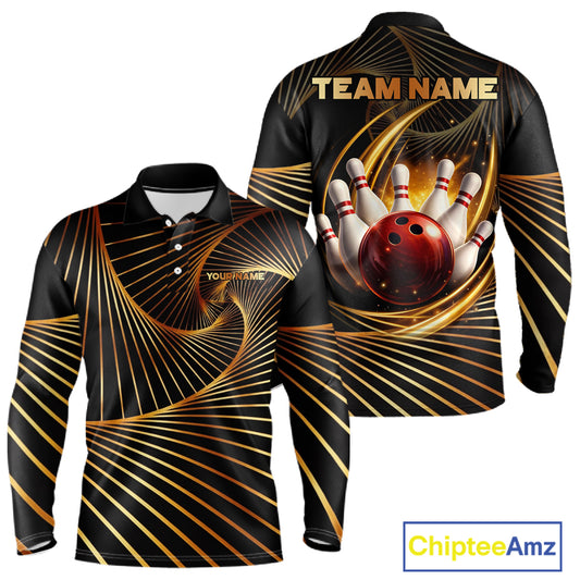 Custom Black and Gold Bowling Polo, Quarter Zip Shirts for Men, Team Bowling League Jerseys NQS11599