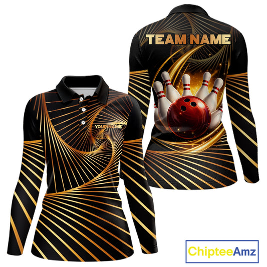 Custom Black and Gold Bowling Polo, Quarter Zip Shirts for Women, Team Bowling League Jerseys NQS11599