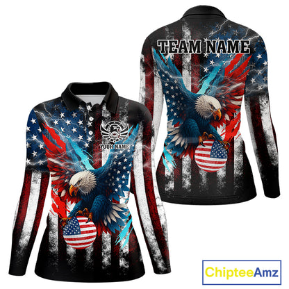 Personalized American Flag Eagle Lightning Thunder Golf Polo Shirts For Women, Patriotic Golfing Gift NQS11717