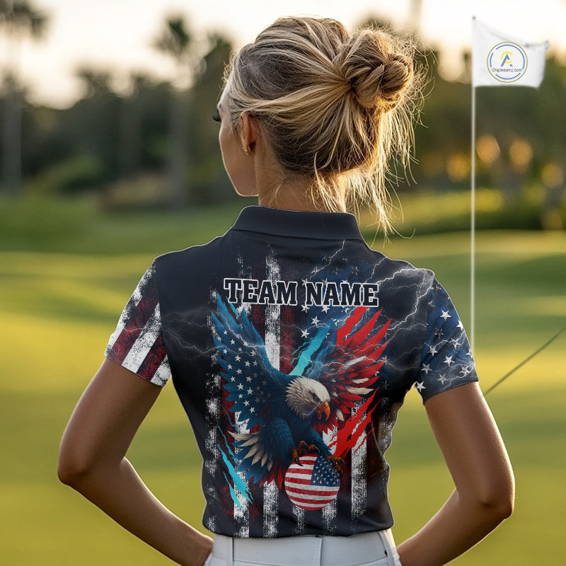Personalized American Flag Eagle Lightning Thunder Golf Polo Shirts For Women, Patriotic Golfing Gift NQS11717