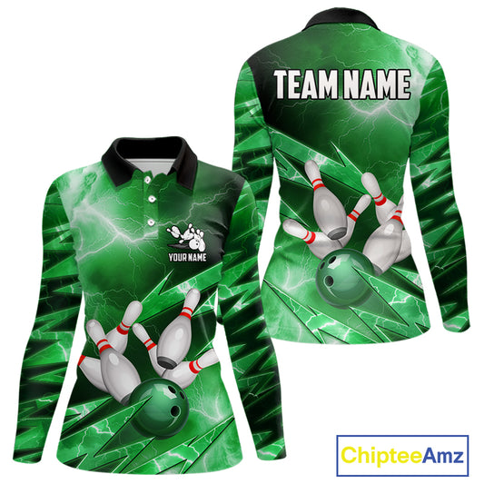 Green Storm Lightning Thunder Bowling Polo, Quarter Zip Shirt For Women Custom Bowling Team Jersey NQS11719