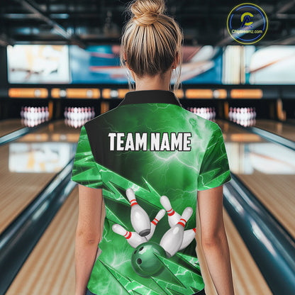 Green Storm Lightning Thunder Bowling Polo, Quarter Zip Shirt For Women Custom Bowling Team Jersey NQS11719