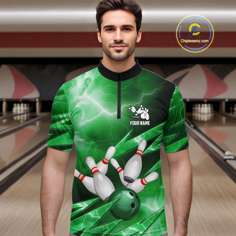 Green Storm Lightning Thunder Bowling Polo, Quarter Zip Shirt For Men Custom Bowling Team Jersey NQS11719