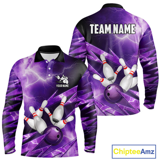 Purple Storm Lightning Thunder Bowling Polo, Quarter Zip Shirt For Men Custom Bowling Team Jersey NQS11720