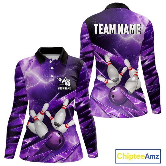 Purple Storm Lightning Thunder Bowling Polo, Quarter Zip Shirt For Women Custom Bowling Team Jersey NQS11720