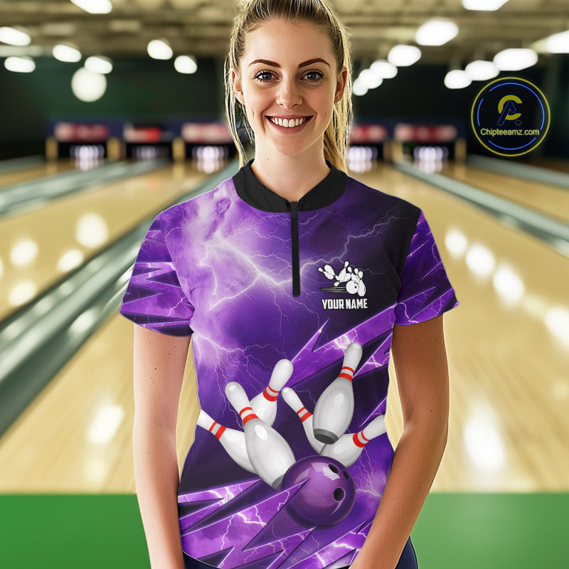Purple Storm Lightning Thunder Bowling Polo, Quarter Zip Shirt For Women Custom Bowling Team Jersey NQS11720
