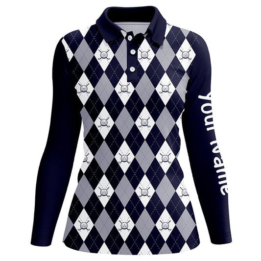 Navy blue argyle plaid pattern Womens golf polos shirts custom golf shirts for women, ladies golf polo NQS7423