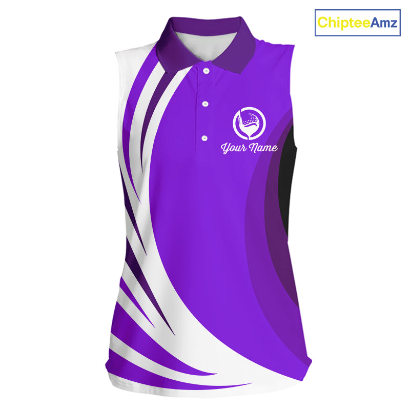 Women sleeveless polo shirt custom name purple and white golf shirt, team golf shirts ladies NQS9845