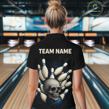 Load image into Gallery viewer, Black and Blue Skull Bowling Ball and Pins Bowling Shirts For Women Custom skull team bowling jerseys NQS9850