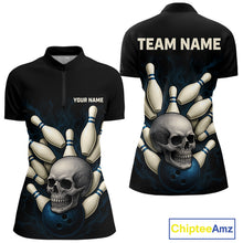Load image into Gallery viewer, Black and Blue Skull Bowling Ball and Pins Bowling Shirts For Women Custom skull team bowling jerseys NQS9850