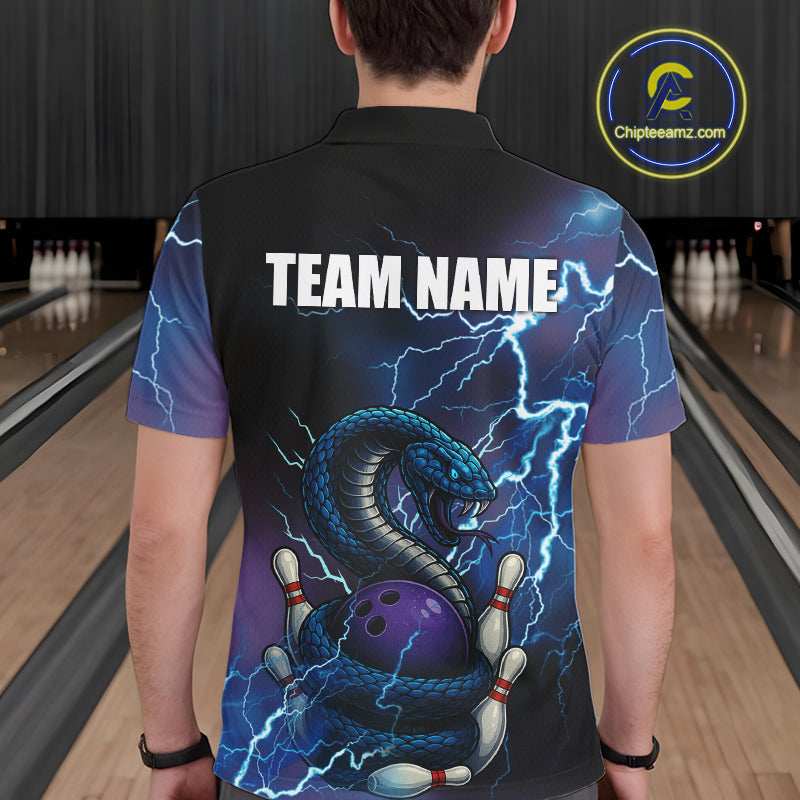 Personalized Black And Blue Thunder Lightning Cobra Snake Bowling Shirts For Men, Bowling Team Uniform NQS9852