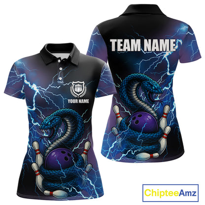 Personalized Blue Thunder Lightning Cobra Snake Bowling Shirts For Women, Bowling Team Uniform NQS9852