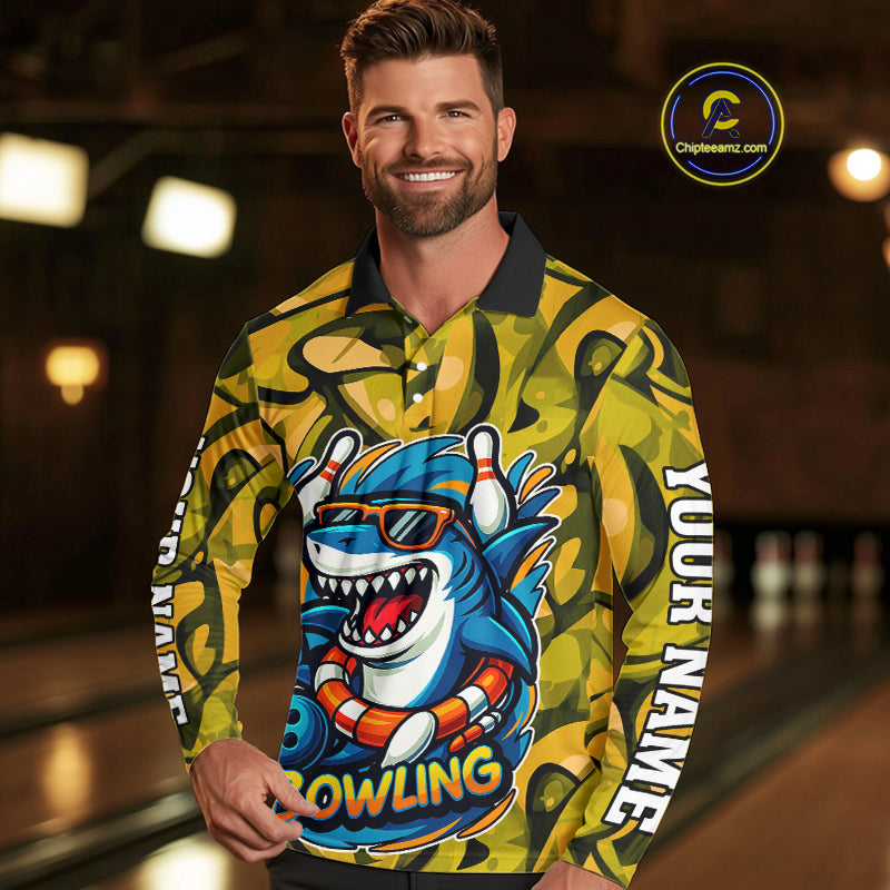 Funny Yellow Camo Shark Men Bowling Polo, Quarter Zip Shirts Custom Team Shark Bowling Outfit Jersey NQS10077