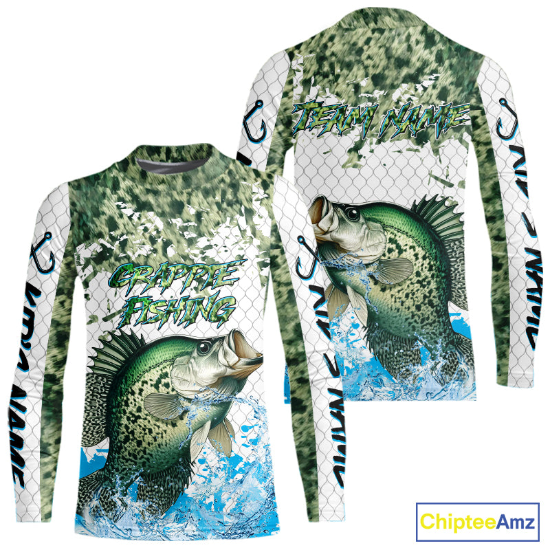 Crappie fishing green scales UV protection custom hooded sun shirt, Crappie fishing jerseys NQS10228