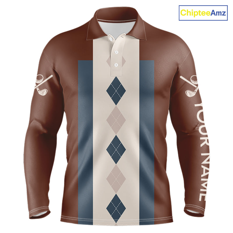 Brown Argyle Pattern Mens Golf Polo Shirts Custom Vintage Style For Golf Lovers Gift For Men NQS10233