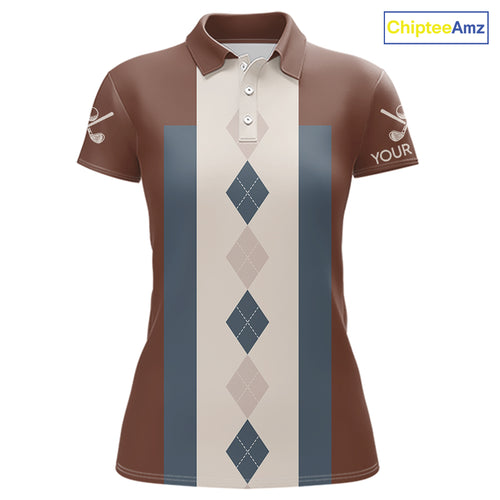 Brown Argyle Pattern Women Golf Polo Shirts Custom Vintage Style For Golf Lovers Gift For Ladies NQS10233