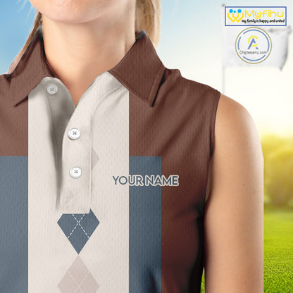 Brown Argyle Pattern Women Sleeveless Polo Shirt Custom Vintage Style For Golf Lovers Gift For Ladies NQS10233