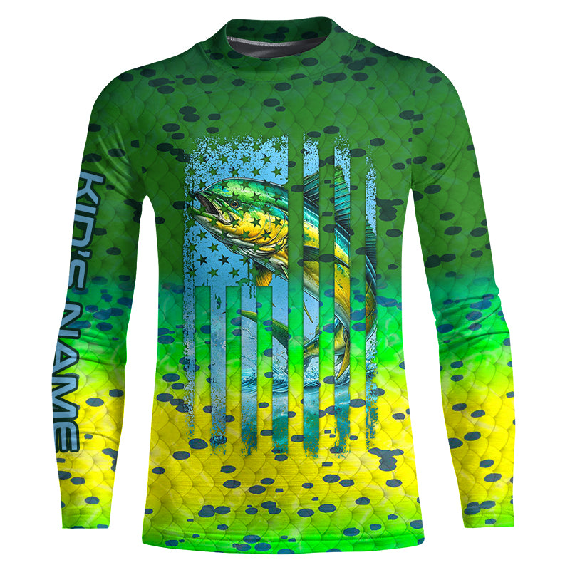 Mahi mahi ( Dorado) fishing American flag green mahi mahi scales Customized Long Sleeve Fishing Shirts NQS2182