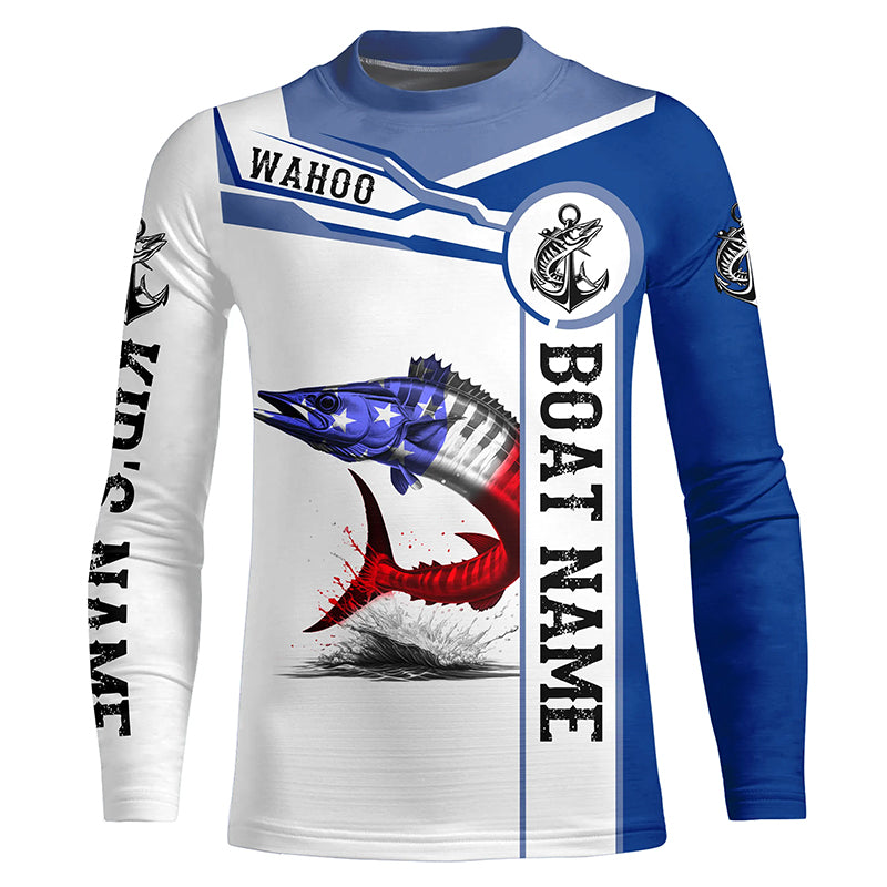 Wahoo Fishing American Flag Custom name and boat name performance Patriotic Long Sleeve Fishing Shirts NQS2338