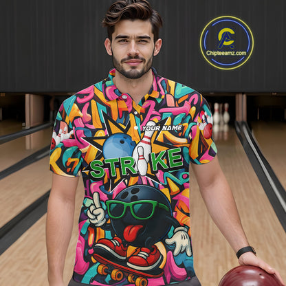 Funny colorful graffiti pattern Bowling Team Polo, 1/4 Zip Shirt For Men Custom Mens Bowling Jersey NQS10823