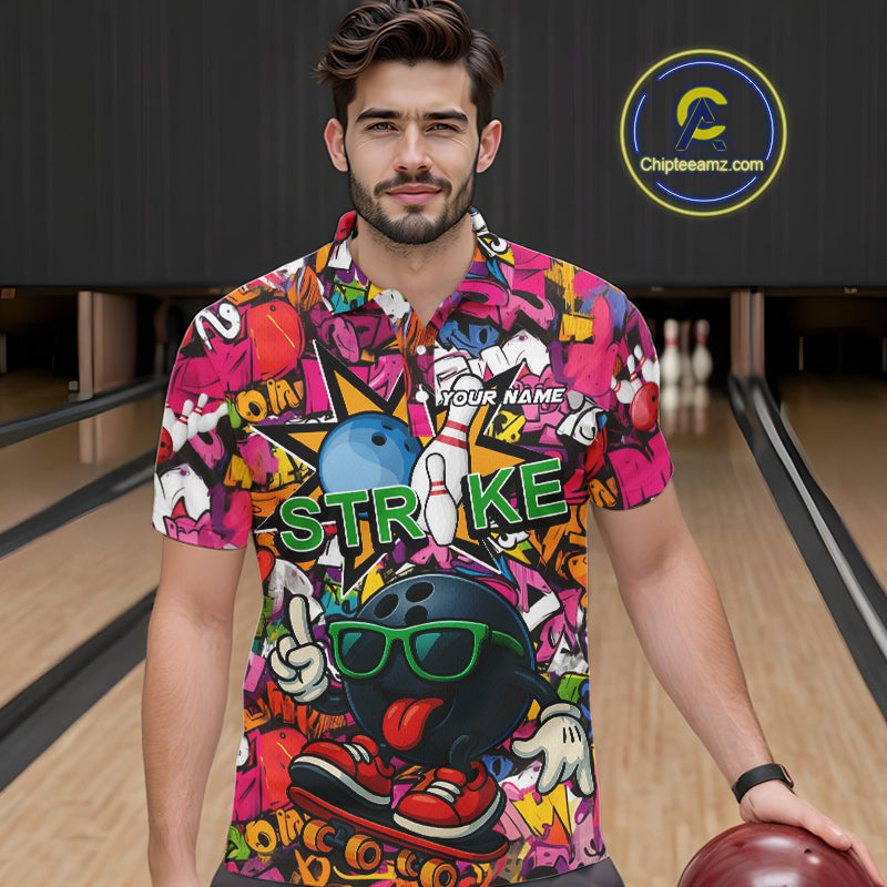 Funny pink graffiti pattern Bowling Team Polo, 1/4 Zip Shirt For Men Custom Mens Bowling Jersey NQS10824