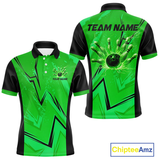 Personalized Green Lightning Thunder Bowling Polo, Quarter Zip Shirts For Men, Team Bowling Jersey NQS10832