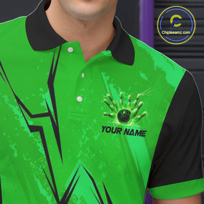 Personalized Green Lightning Thunder Bowling Polo, Quarter Zip Shirts For Men, Team Bowling Jersey NQS10832