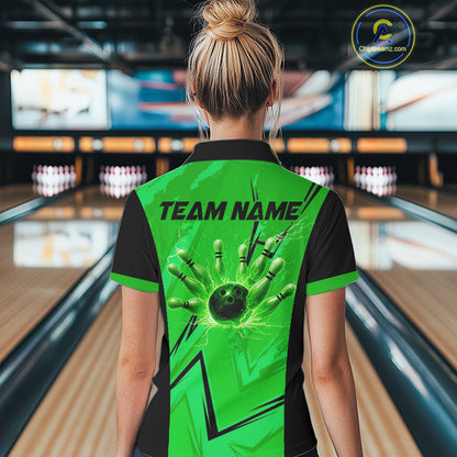 Personalized Green Lightning Thunder Bowling Polo, Quarter Zip Shirts For Women, Team Bowling Jersey NQS10832