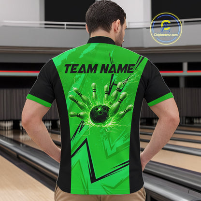 Personalized Green Lightning Thunder Bowling Polo, Quarter Zip Shirts For Men, Team Bowling Jersey NQS10832