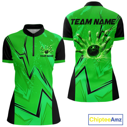 Personalized Green Lightning Thunder Bowling Polo, Quarter Zip Shirts For Women, Team Bowling Jersey NQS10832