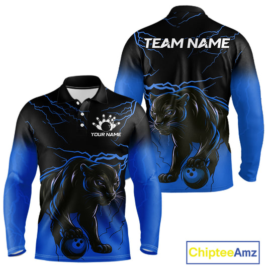 Black and Blue Lightning Thunder Panther Bowling Team Shirts For Men Custom Panther Bowling Jerseys NQS11205