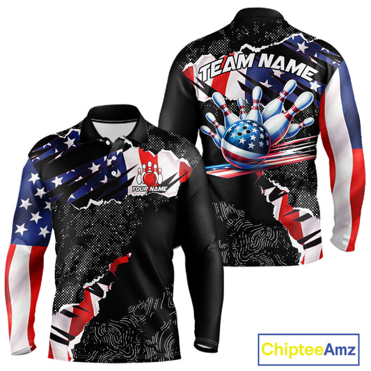 Custom bowling polo shirts, 1/4 zip shirts for men, US Flag patriotic team bowling league shirts NQS11409
