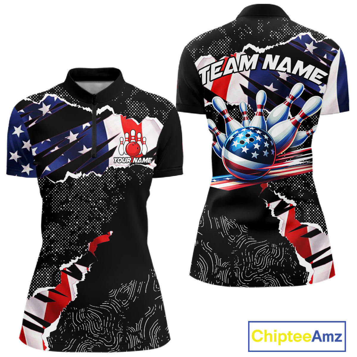 Custom bowling polo shirts, 1/4 zip shirts for Women, US Flag patriotic team bowling league shirts NQS11409