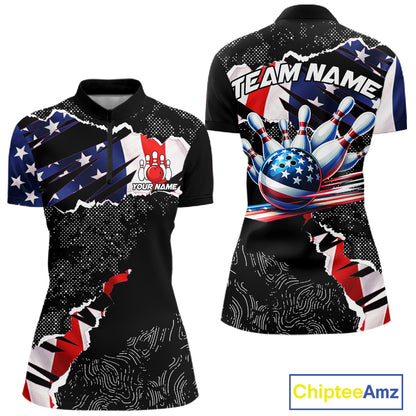 Custom bowling polo shirts, 1/4 zip shirts for Women, US Flag patriotic team bowling league shirts NQS11409
