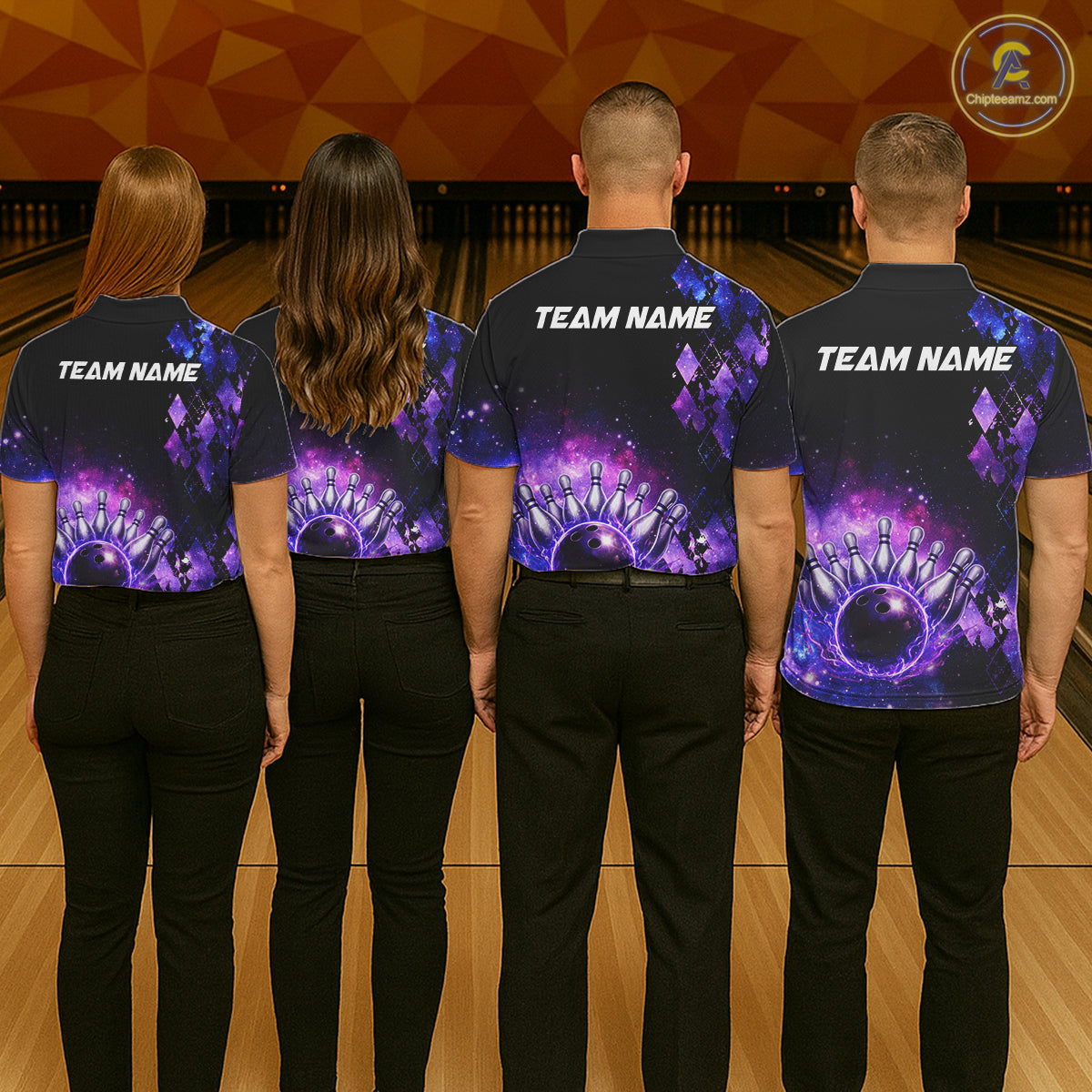 Purple Flame galaxy argyle Custom bowling polo shirts, 1/4 zip for men, team bowling league jerseys NQS11410