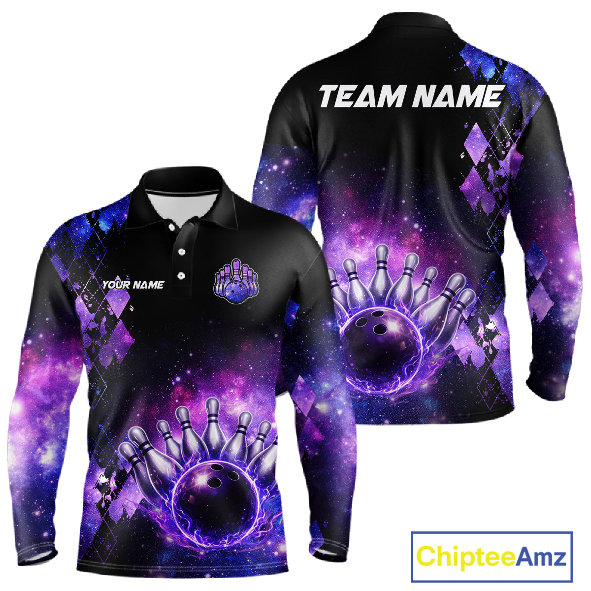 Purple Flame galaxy argyle Custom bowling polo shirts, 1/4 zip for men, team bowling league jerseys NQS11410