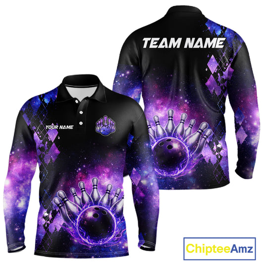 Purple Flame galaxy argyle Custom bowling polo shirts, 1/4 zip for men, team bowling league jerseys NQS11410