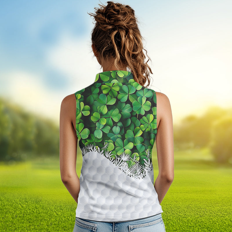 Women sleeveless polo shirt custom Green clover golf pattern St Patrick Day golf attire for ladies NQS9473