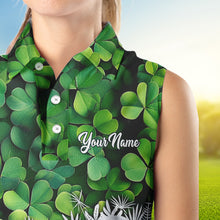 Load image into Gallery viewer, Women sleeveless polo shirt custom Green clover golf pattern St Patrick Day golf attire for ladies NQS9473