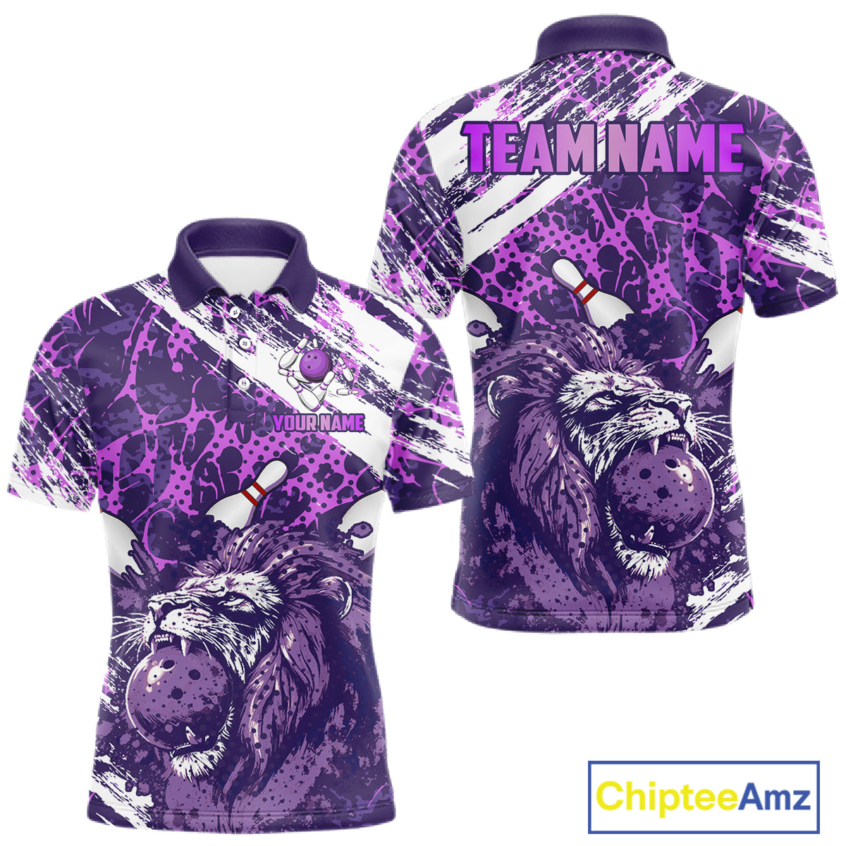 Purple Camo Lion Bowling Polo, 1/4 Zip Shirts for Men Custom Lion Team Bowling Jerseys, Bowler Outfit NQS11604